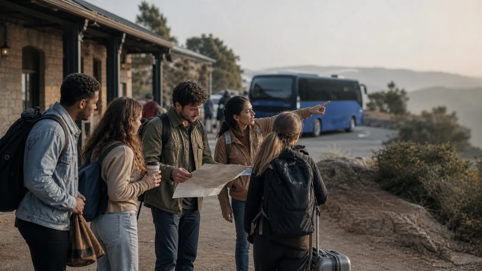 Photorealistic group decision scene showing when to use Karpo and when to use Megabus.