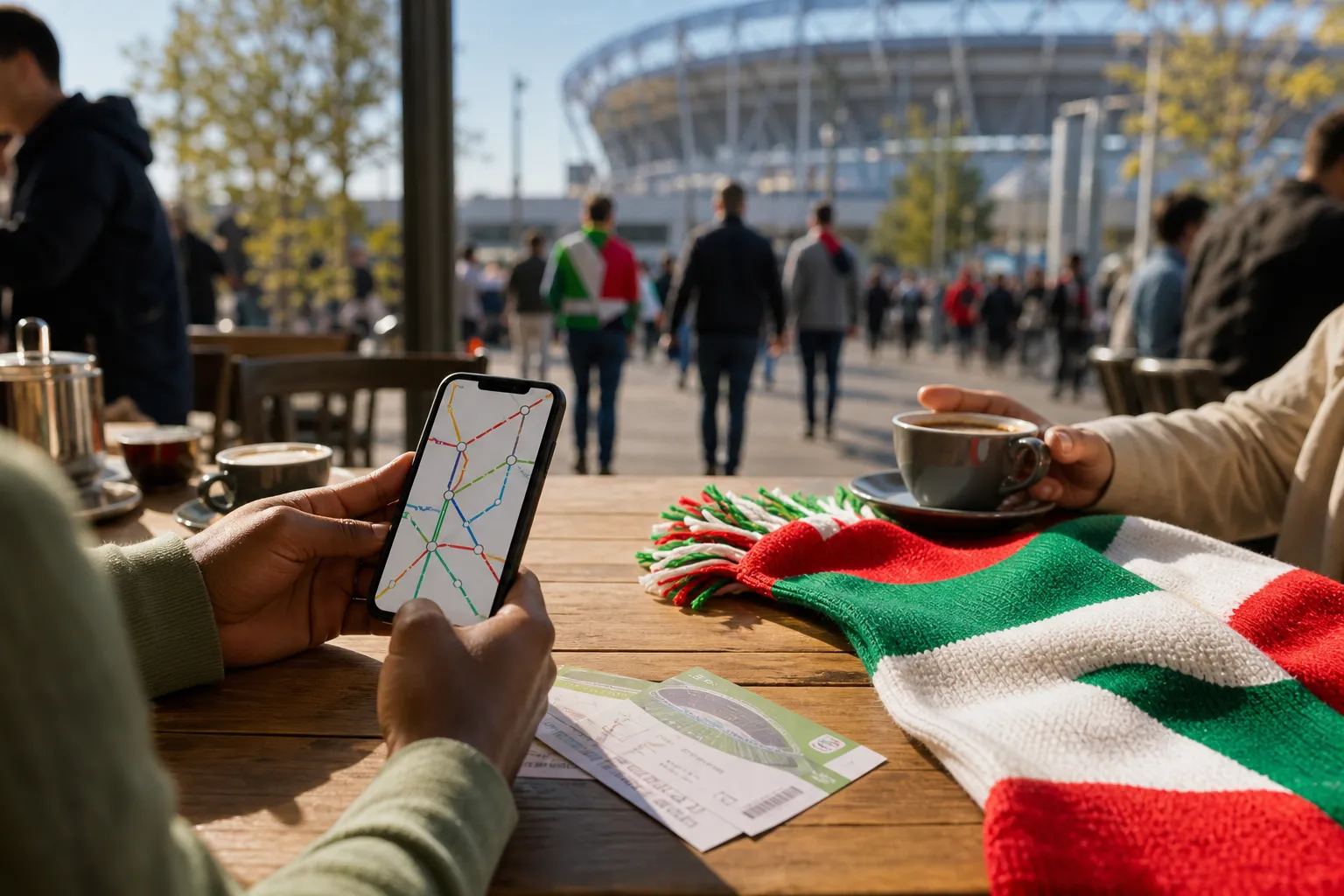 Mexico match-day route planning scene with phone, scarf, and bright public space