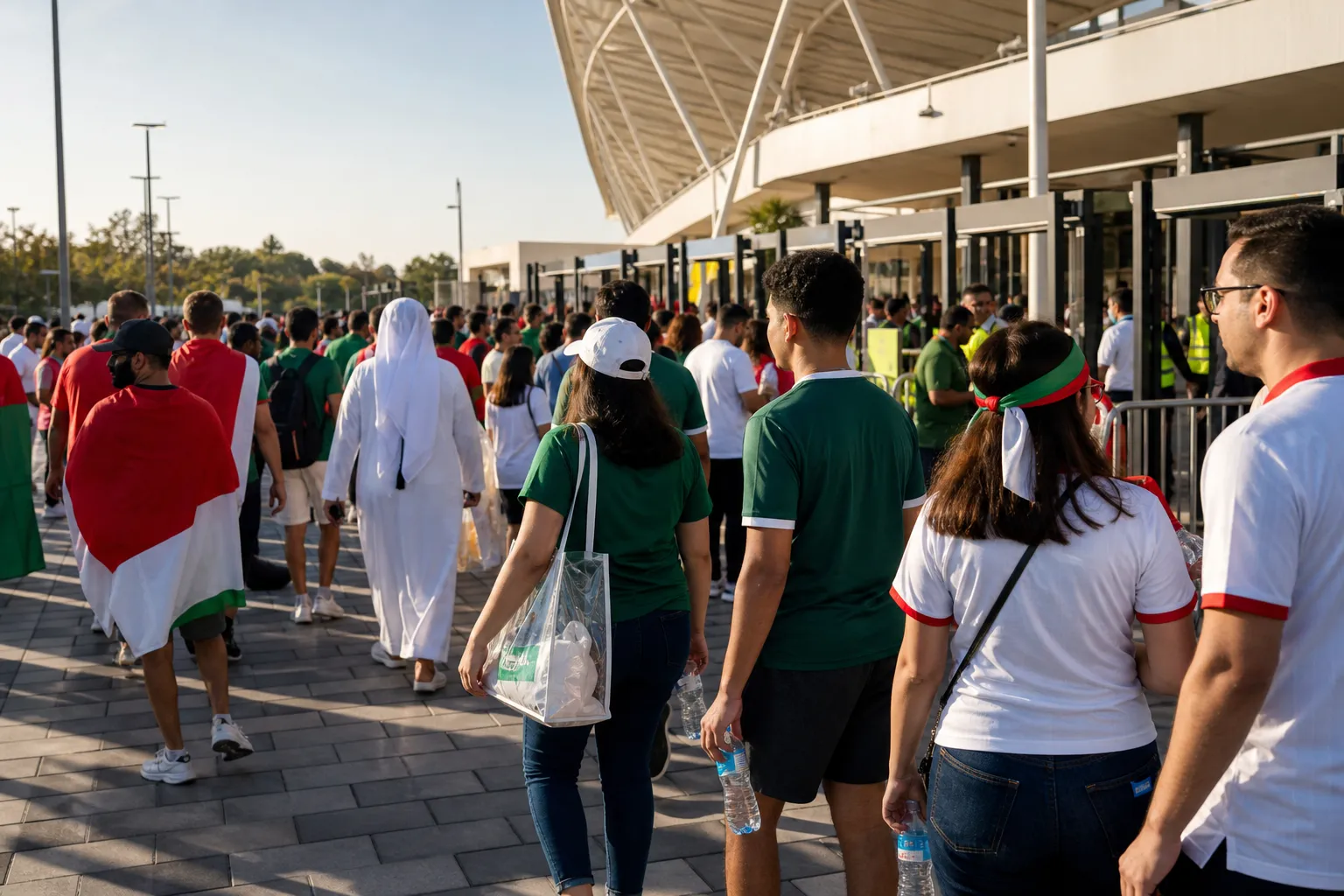 Fans entering a bright stadium gate with Mexico colors and match-day bags