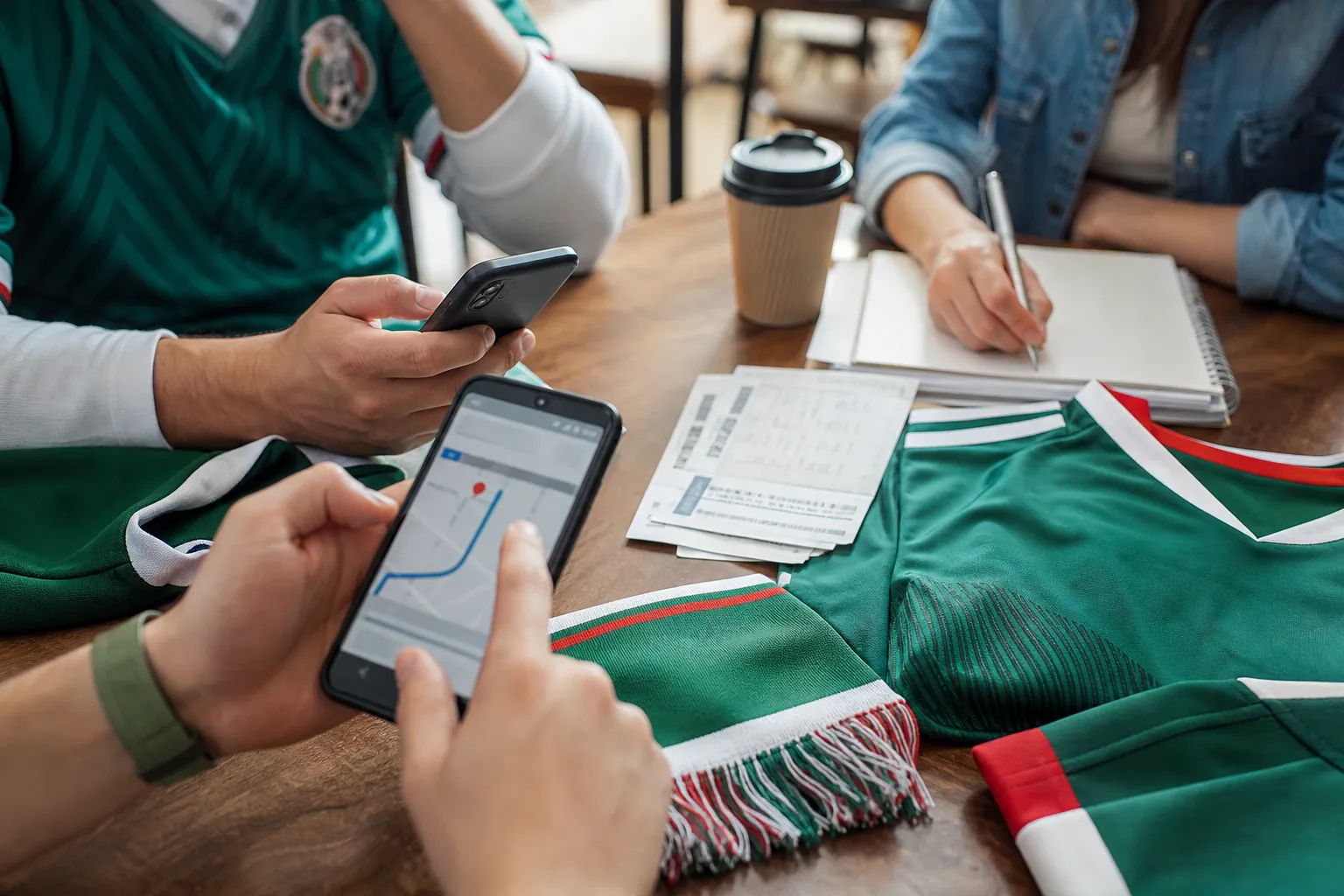 Bright Mexico jersey match-day outfit scene with scarf, phone, and public viewing plan