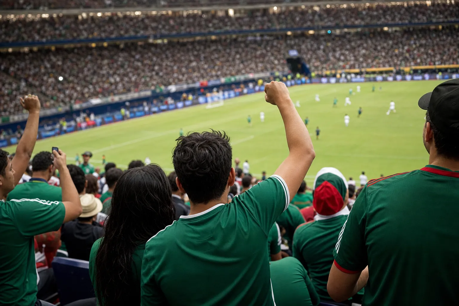 Mexico fans in bright jerseys entering a public World Cup viewing space
