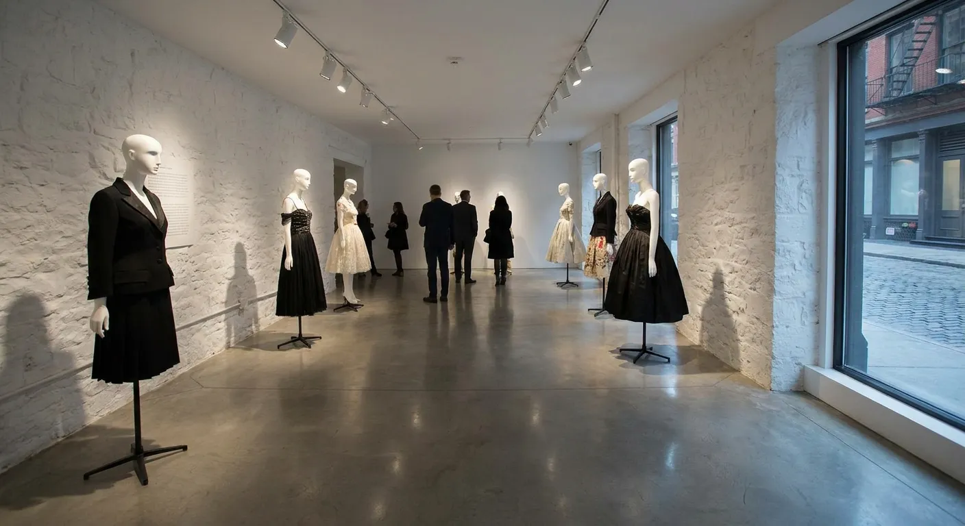A compact fashion museum gallery with mannequins displayed under soft exhibition lighting.