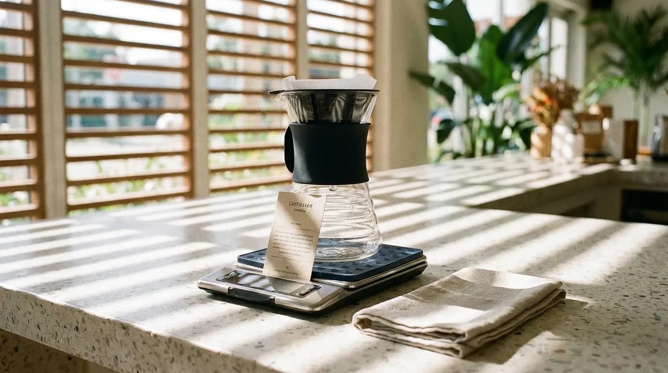 A glass pour-over dripper and carafe on a terrazzo counter in hard tropical light