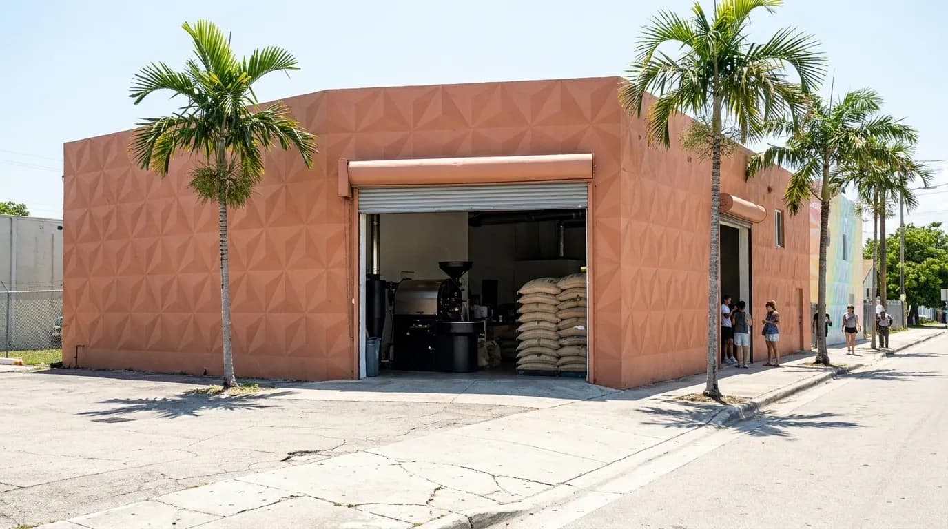 A converted Miami warehouse cafe with its roll-up door open and a roasting drum inside