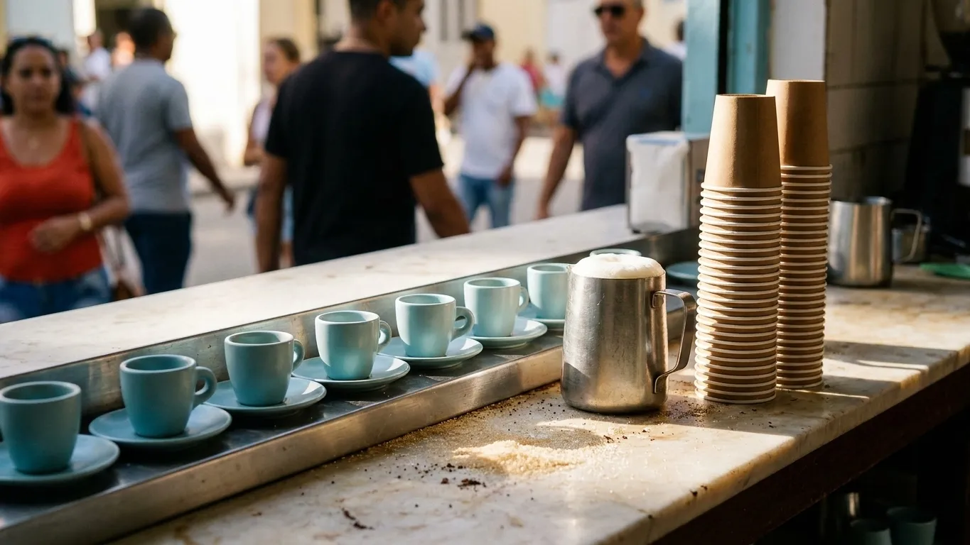 Small cups of Cuban espresso lined on a stainless ledge with a jug of steamed milk and a stack of paper cups in bright morning light