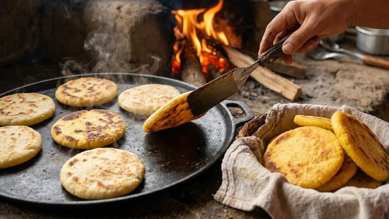 Arepas cooking on a flat griddle with golden discs turning and a spatula lifting one beside a cloth-lined basket of finished ones