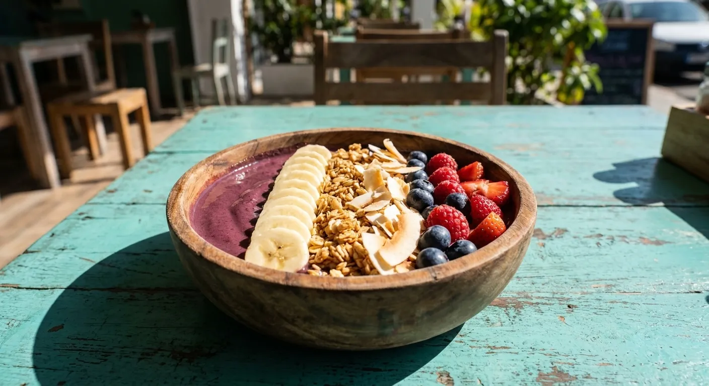 A thick purple acai bowl topped with sliced banana, granola, coconut flakes and berries in a wooden bowl on a bright turquoise table
