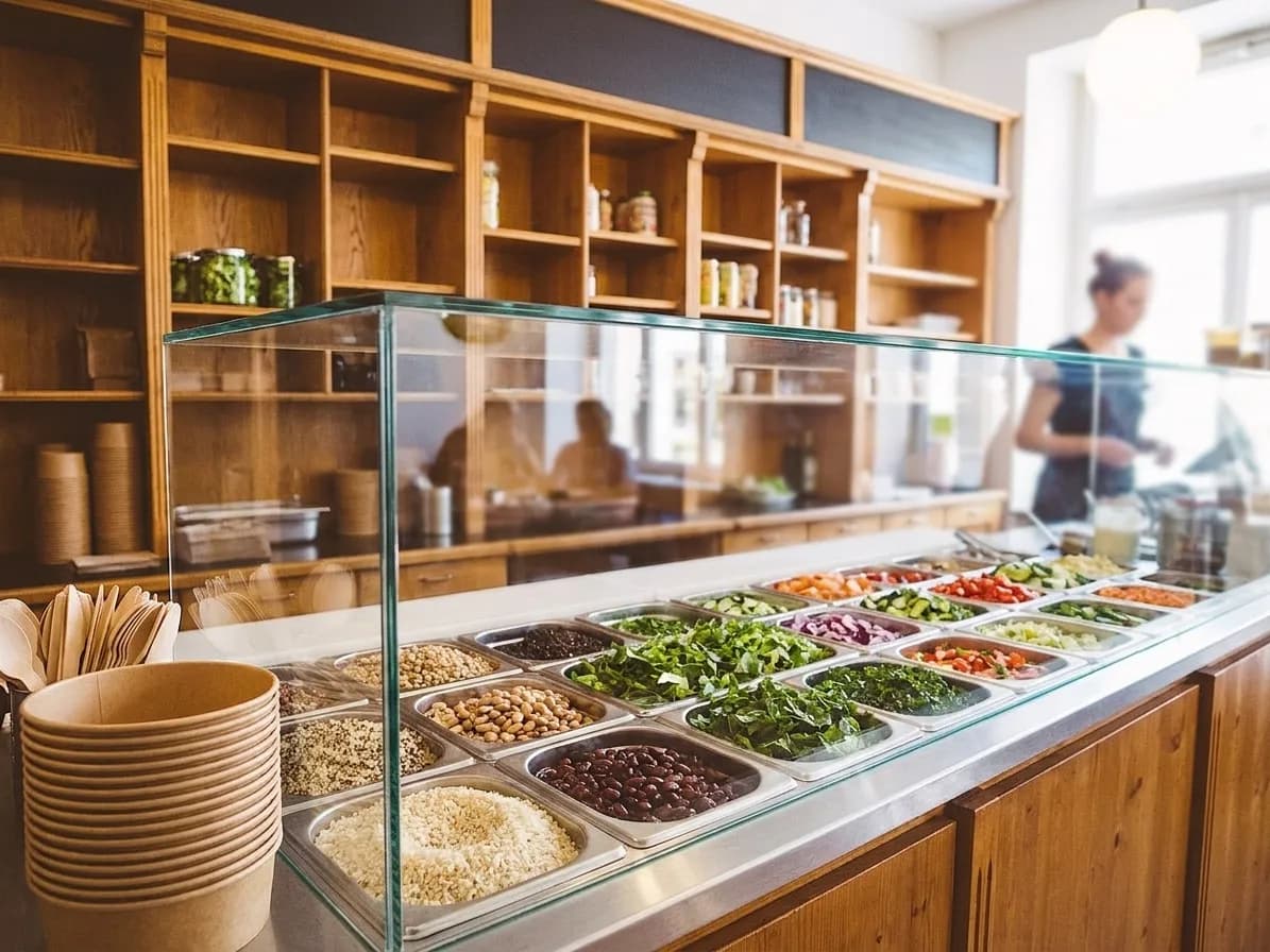 A build-your-own bowl counter with rows of stainless bins holding grains, beans, greens and chopped vegetables behind a sneeze guard
