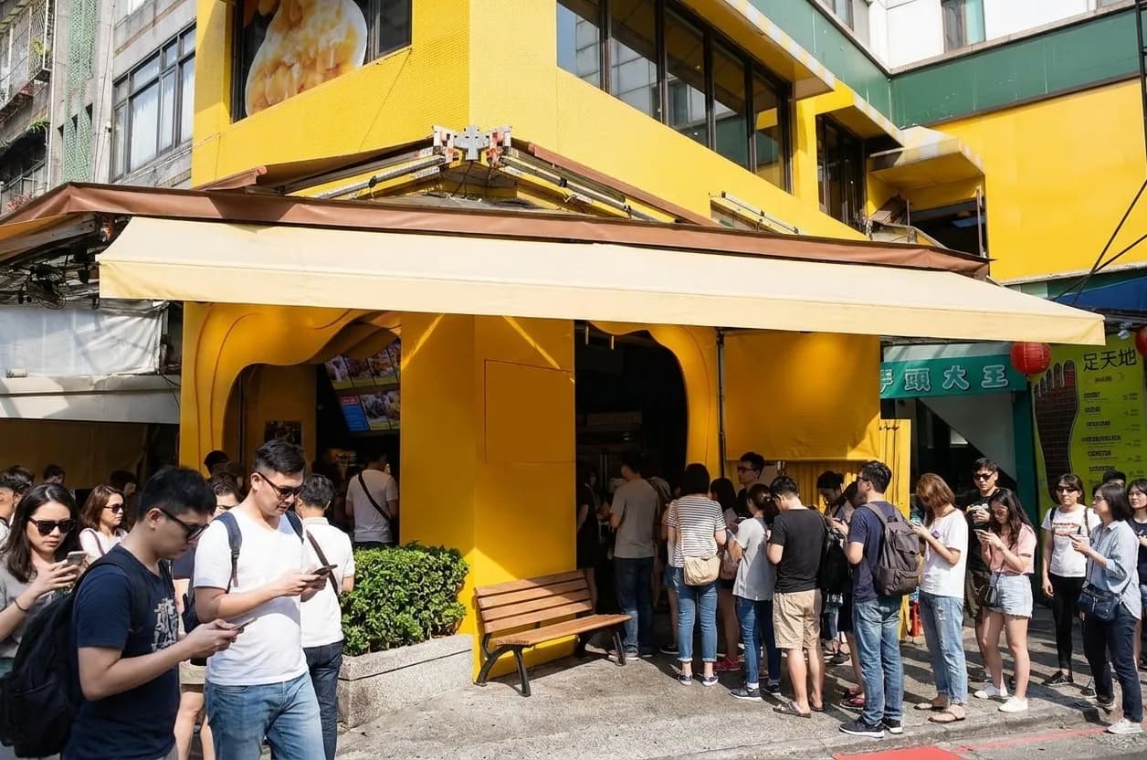 A queue of people waiting outside a restaurant on a bright morning beside a bench and a low hedge under a blank unlettered awning