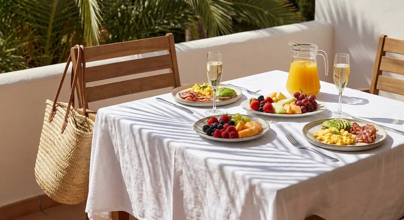 A brunch table on a sunny terrace with plates of eggs and fruit, a jug of juice and two glasses of sparkling wine under palm shadow