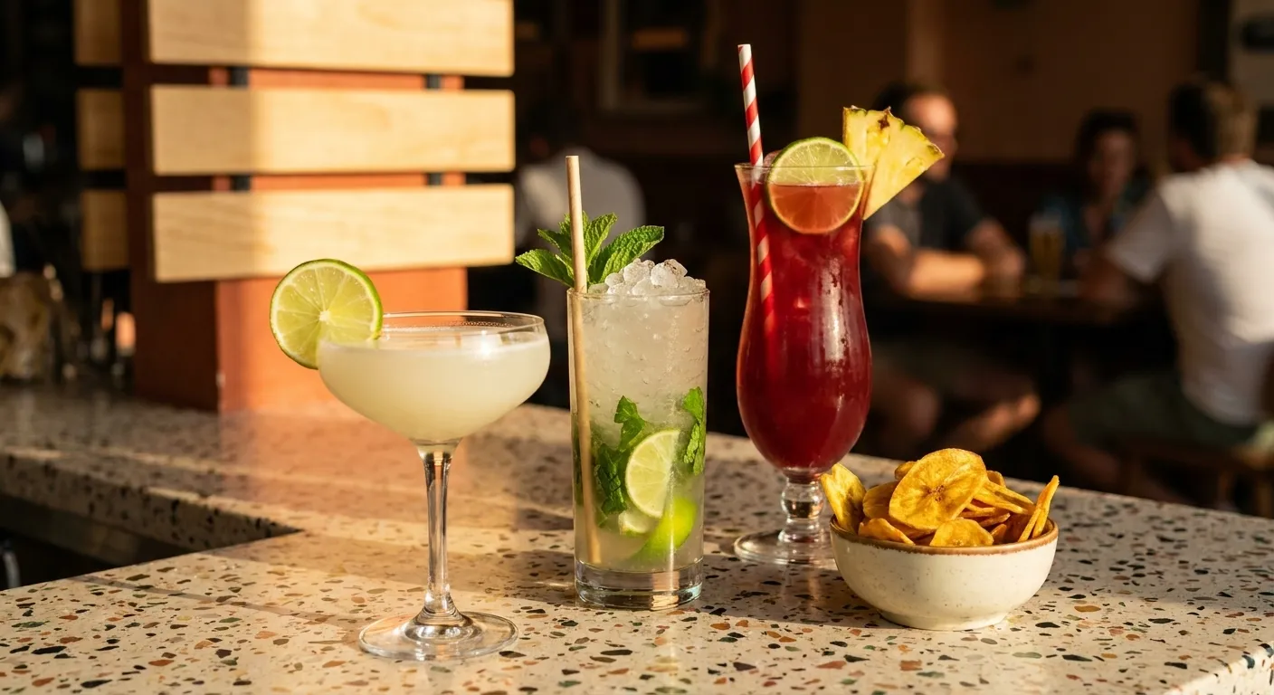 Three tropical cocktails on a terrazzo bar top with a daiquiri, a mojito with crushed ice and a tall rum punch beside a bowl of plantain chips