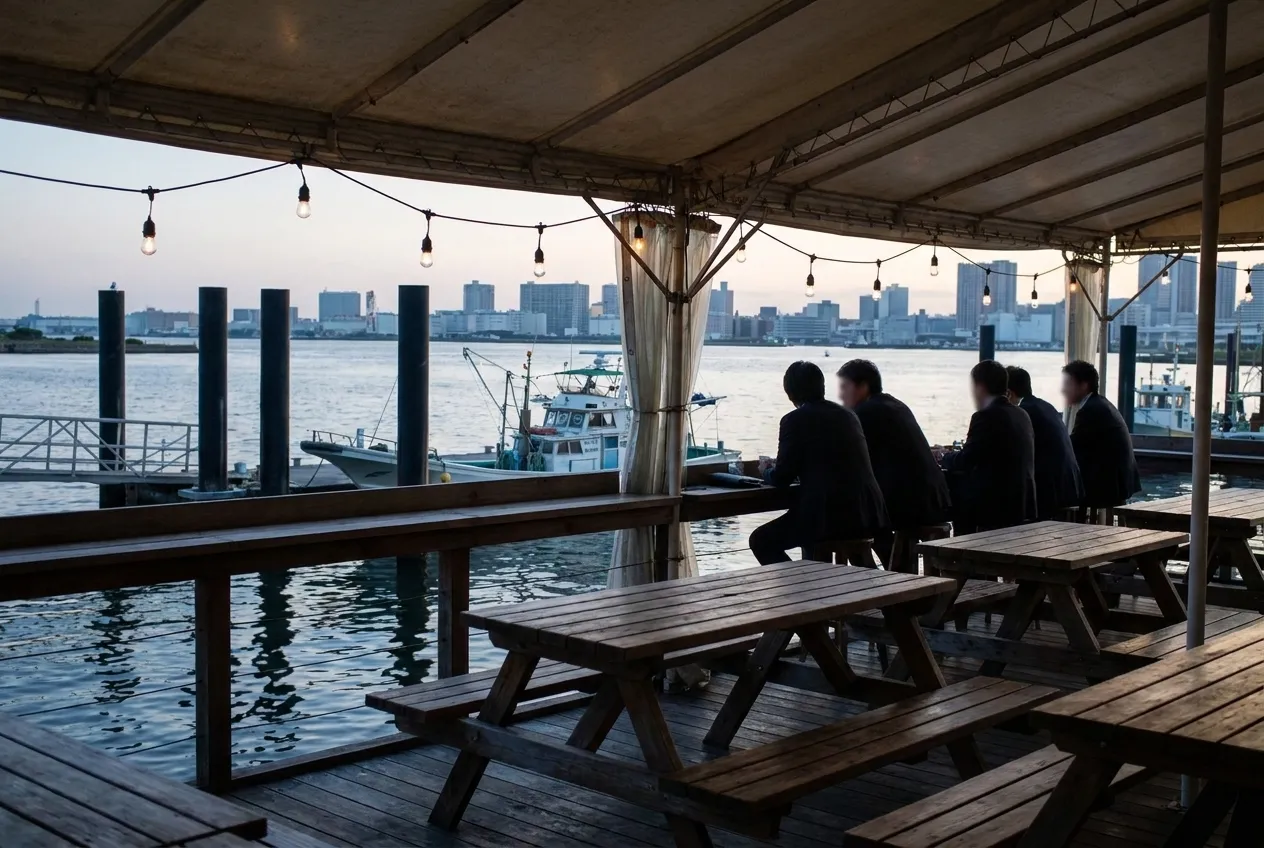 An open-air waterfront restaurant deck at dusk with wooden tables under a canvas roof and water lapping at the pilings below the rail