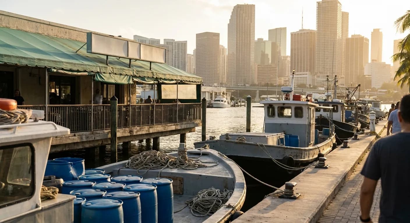 A working Miami River dock at golden hour with small fishing boats moored at a concrete quay and a low restaurant deck at the water's edge