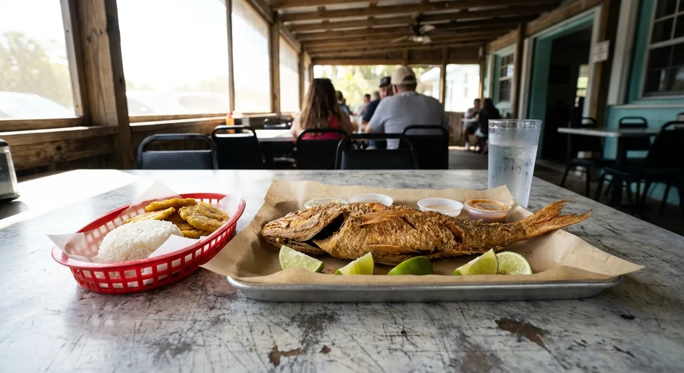 A whole fried yellowtail snapper on a paper-lined tray with lime, rice and plantain on a formica table under a covered patio