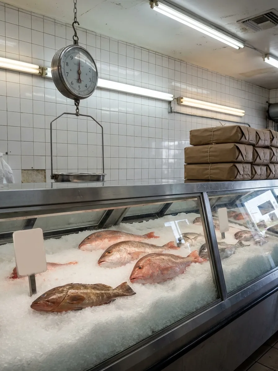 Whole snapper and grouper laid out on crushed ice behind the glass of a Miami retail fish counter with a hanging scale above
