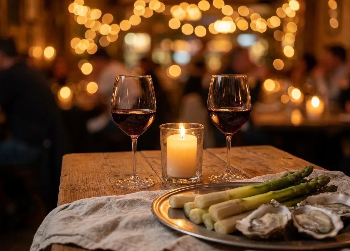 Two glasses of wine on a small table for two with a candle between them and a shared plate just in frame