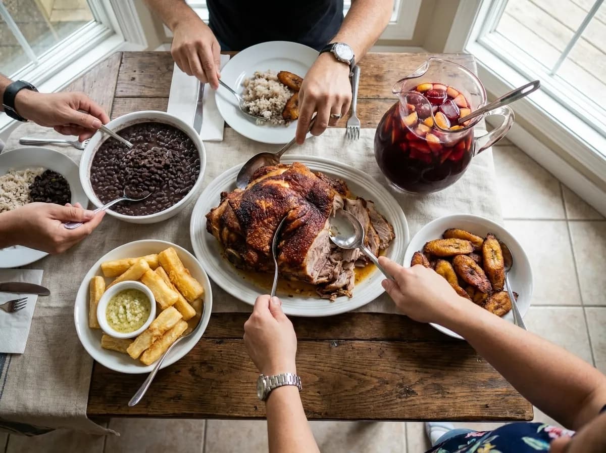 Family-style Latin platters crowding a table from above with roast pork, black beans and rice, fried yuca, plantains and a pitcher of sangria
