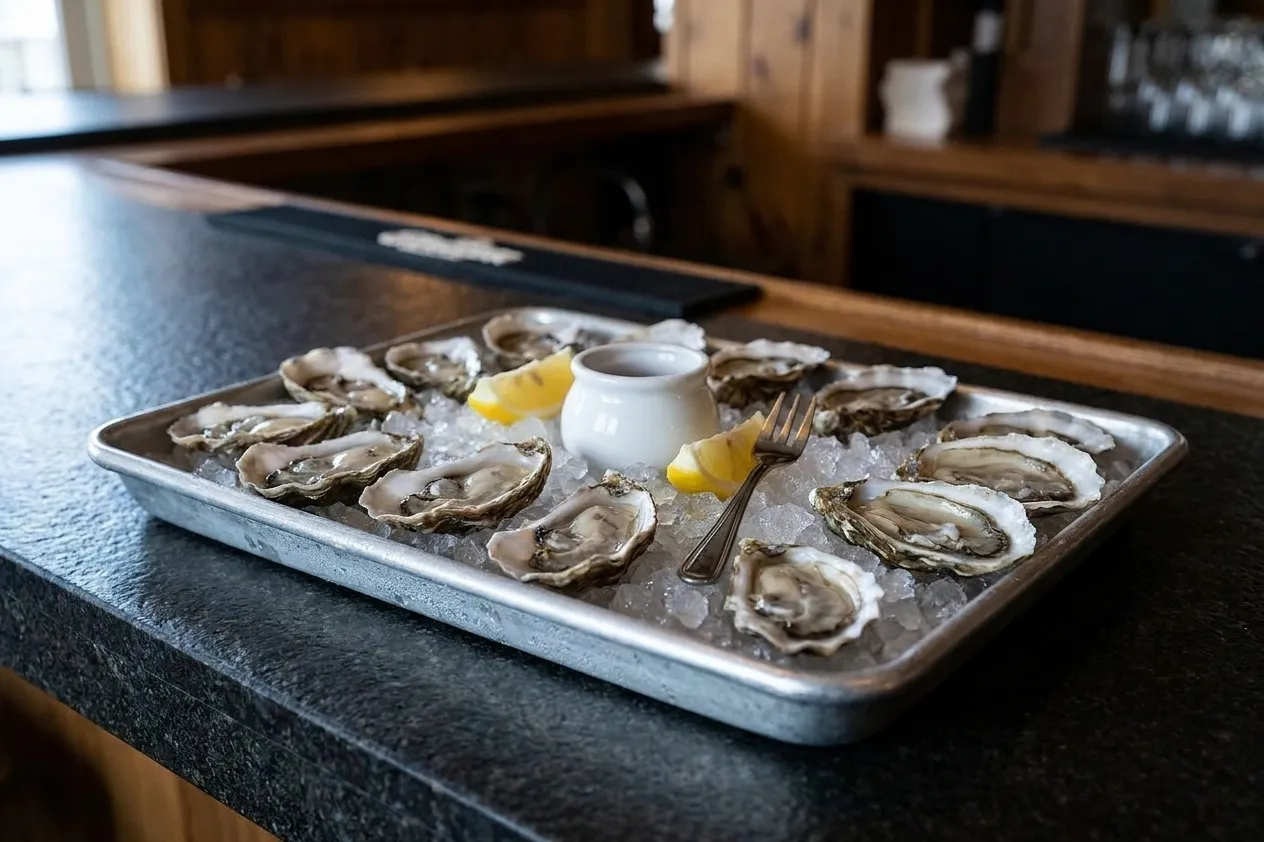 A dozen oysters on a steel tray of crushed ice with lemon wedges and a mignonette pot set on a dark bar counter