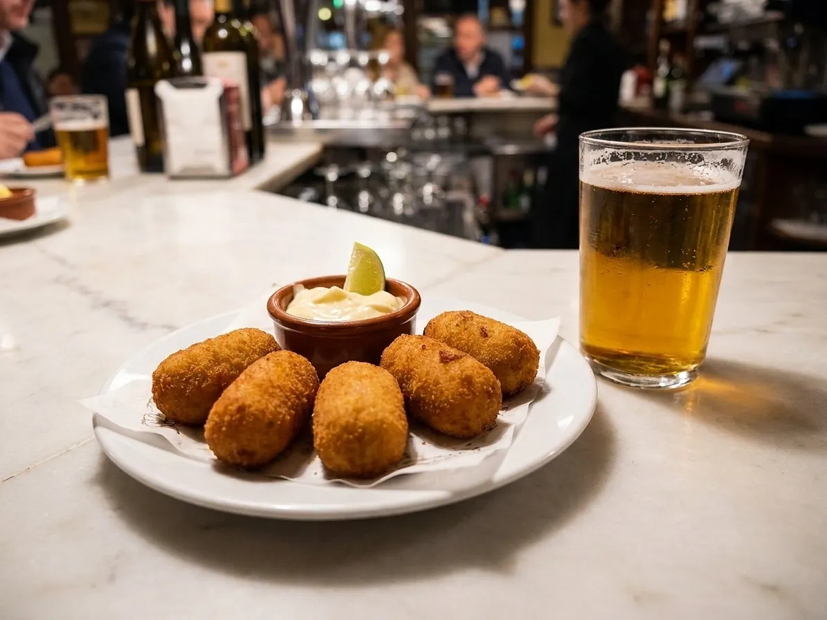A plate of golden ham croquetas with a ramekin of sauce and lime beside a glass of beer on a marble bar top under warm light