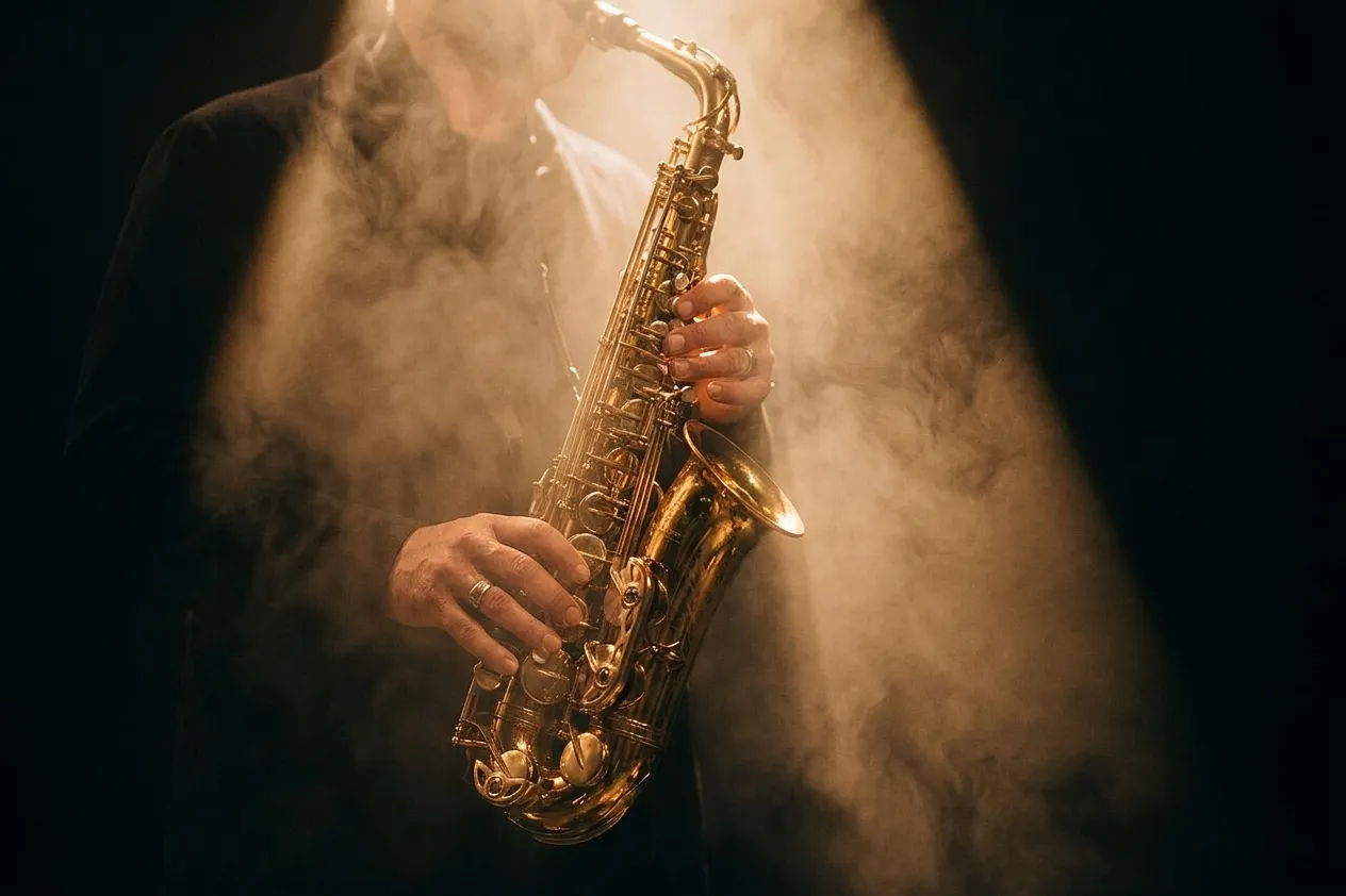 A saxophone held up in a cone of warm stage light with the player's shoulders and hands in frame and haze catching the beam