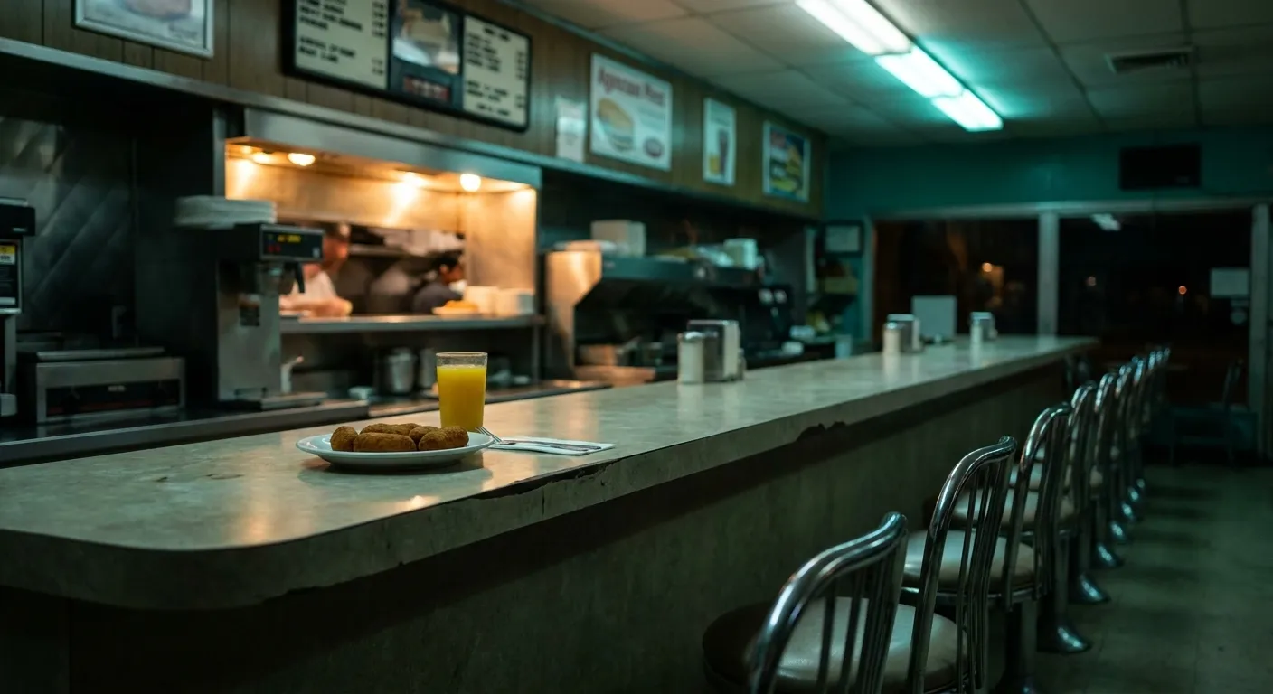A late-night Miami counter after midnight with a long formica bar, chrome stools, a plate of croquetas and the kitchen pass lit behind