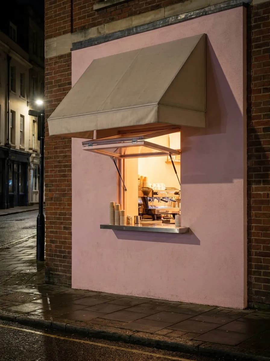 A Miami ventanita walk-up window at night, a small hatch in a pastel stucco wall with a stainless ledge and an espresso machine glowing inside