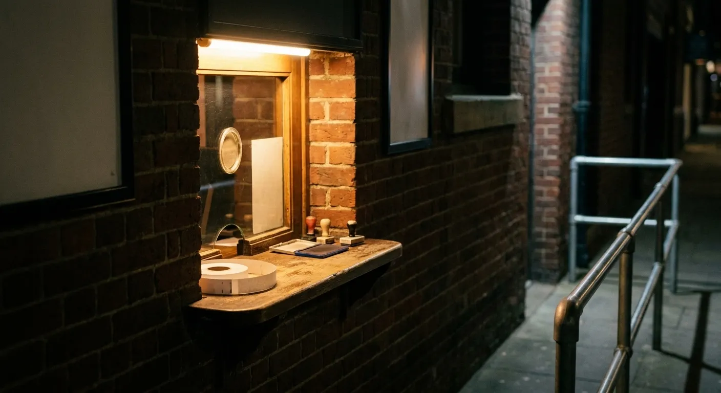 A venue box-office window at night with a small counter under a lit hatch and a roll of blank paper wristbands on the ledge