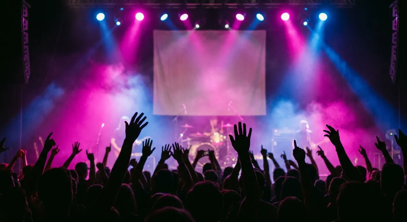 A mid-size music venue during a set with raised hands silhouetted against magenta and blue stage wash and haze in the beams