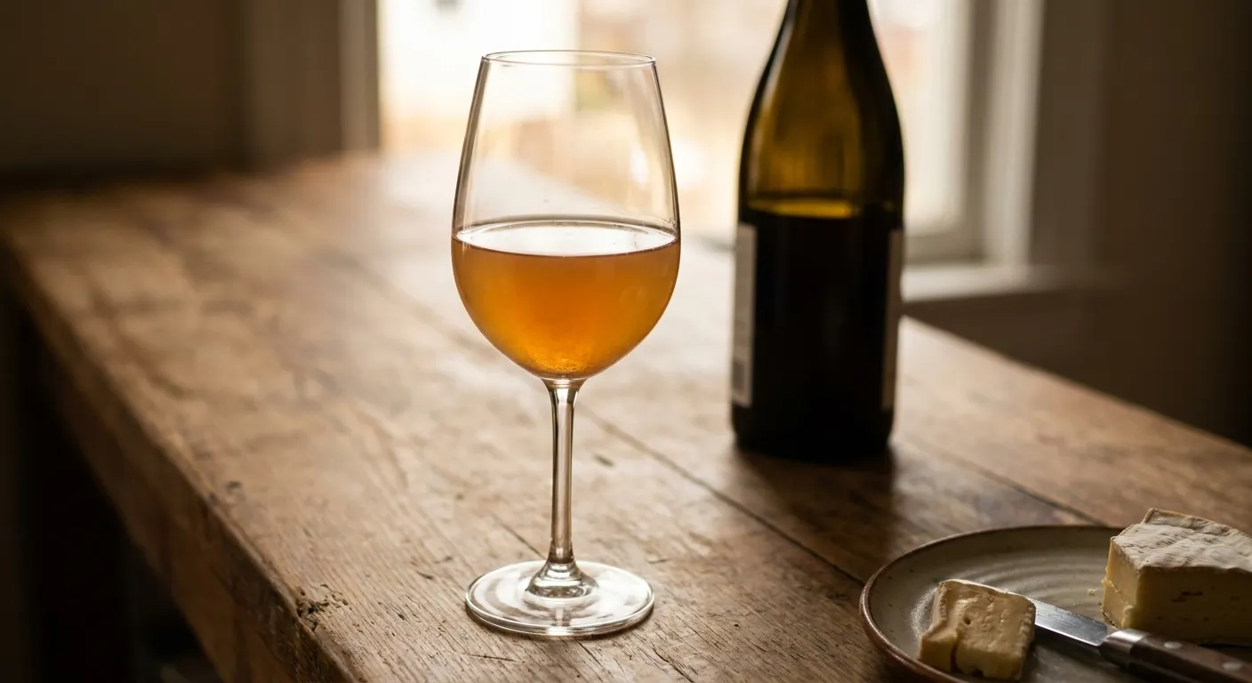 A glass of hazy orange wine on a wooden counter backlit so the cloudiness is visible with a bottle out of focus behind