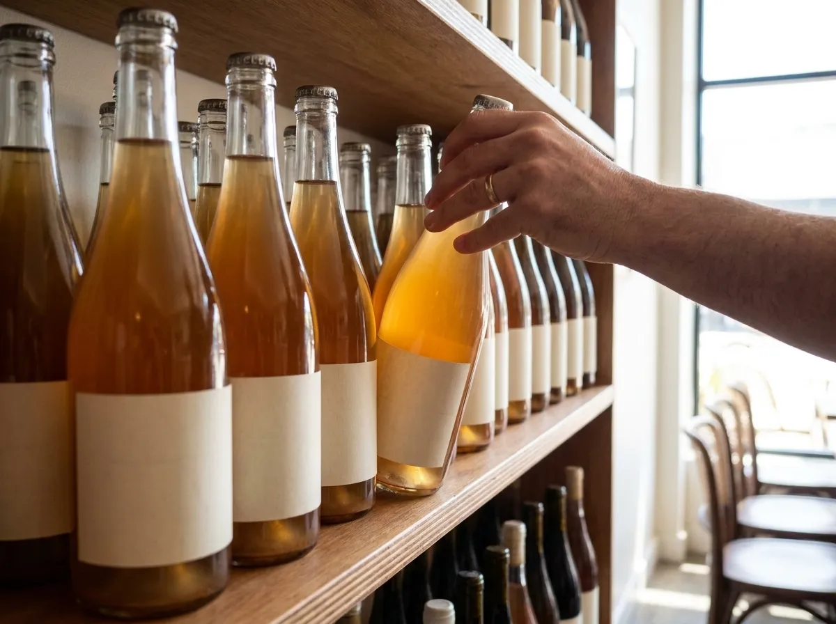 A shelf of natural wine bottles with blank labels showing cloudy amber liquid through clear glass and a hand reaching for one