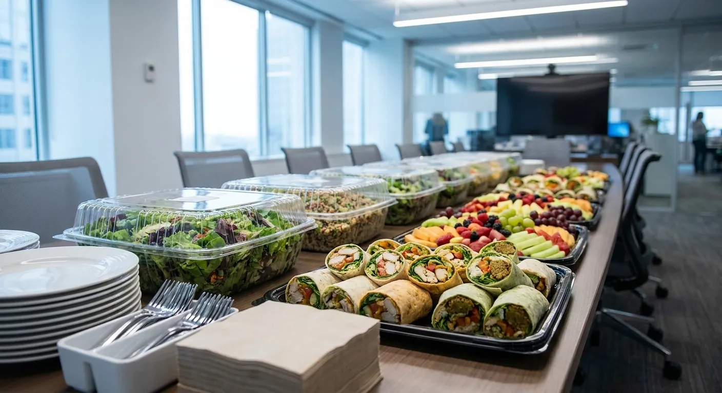 A row of catering trays on a boardroom table holding salads, wraps and fruit under clear lids beside stacked plates and napkins