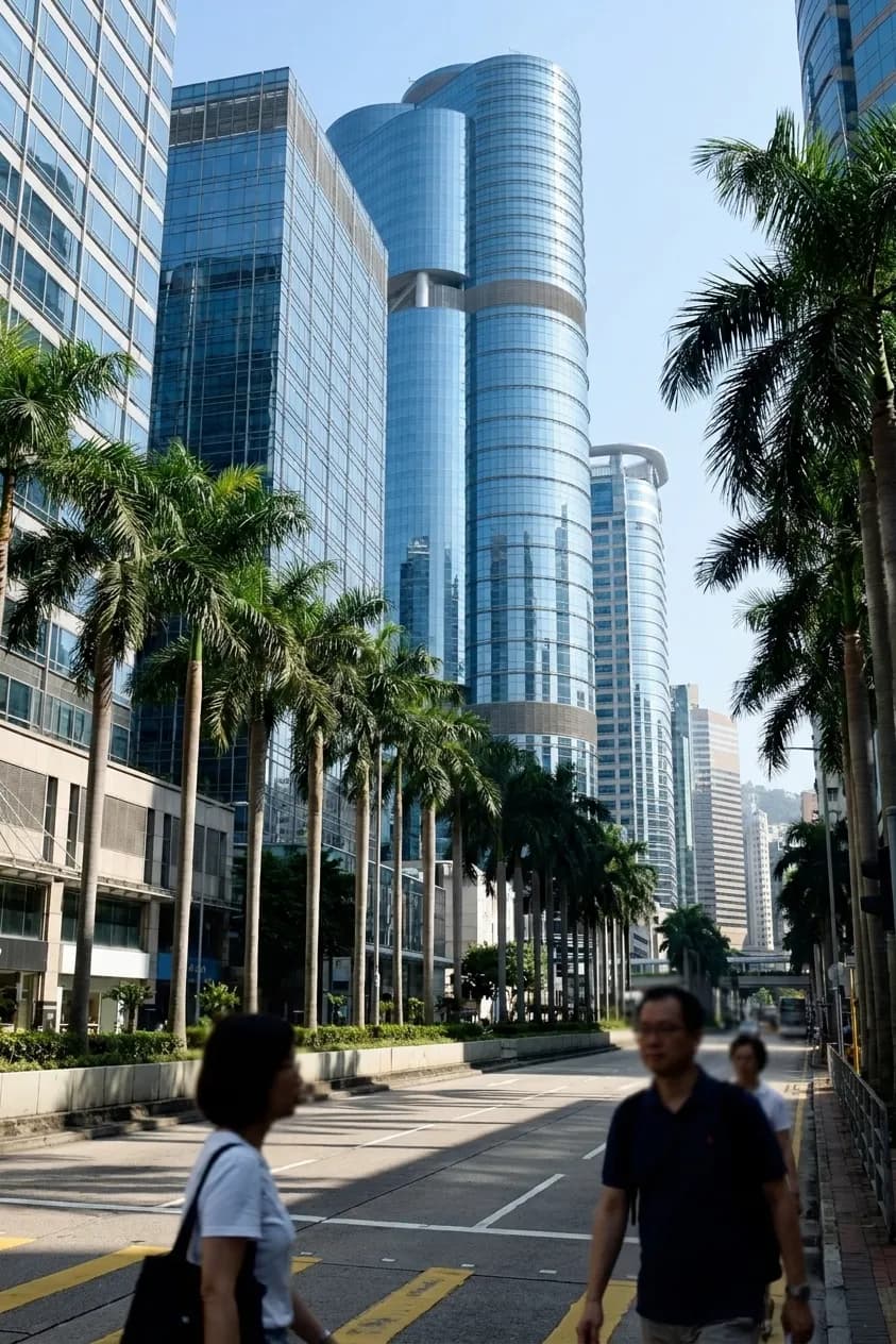 A cluster of glass office towers seen from street level on a bright day with palm trees at the base and a pedestrian crossing in front