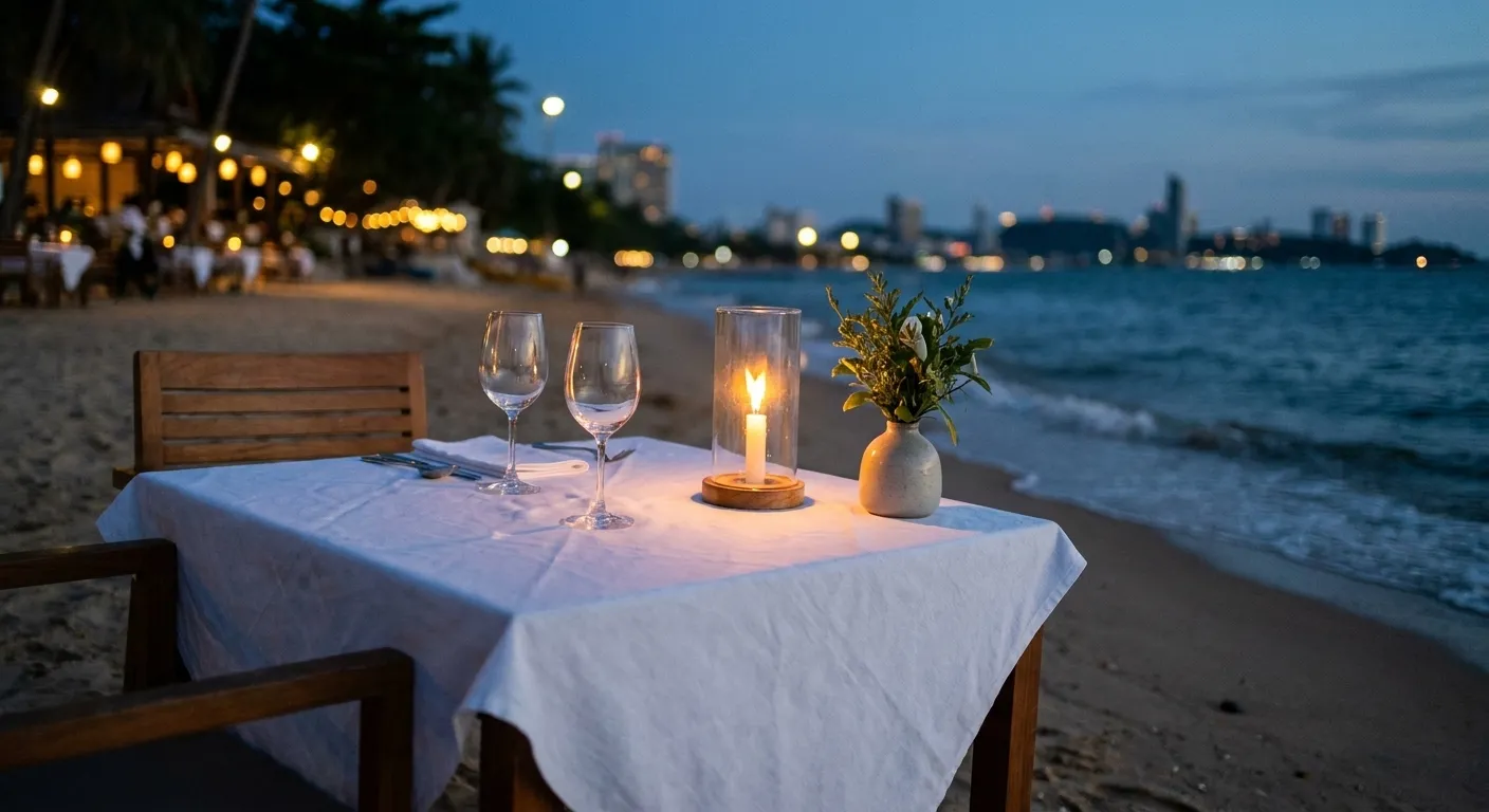 A quiet two-top laid for dinner with a white cloth, a single candle in glass, two wine glasses and a small vase of greenery in low light