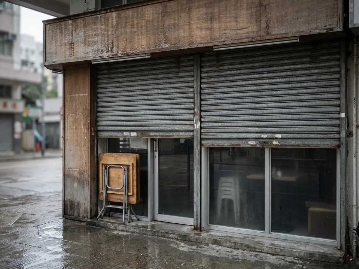 A shopfront with steel roller shutters half down over the glass and a folded cafe table stacked beside the door on wet pavement