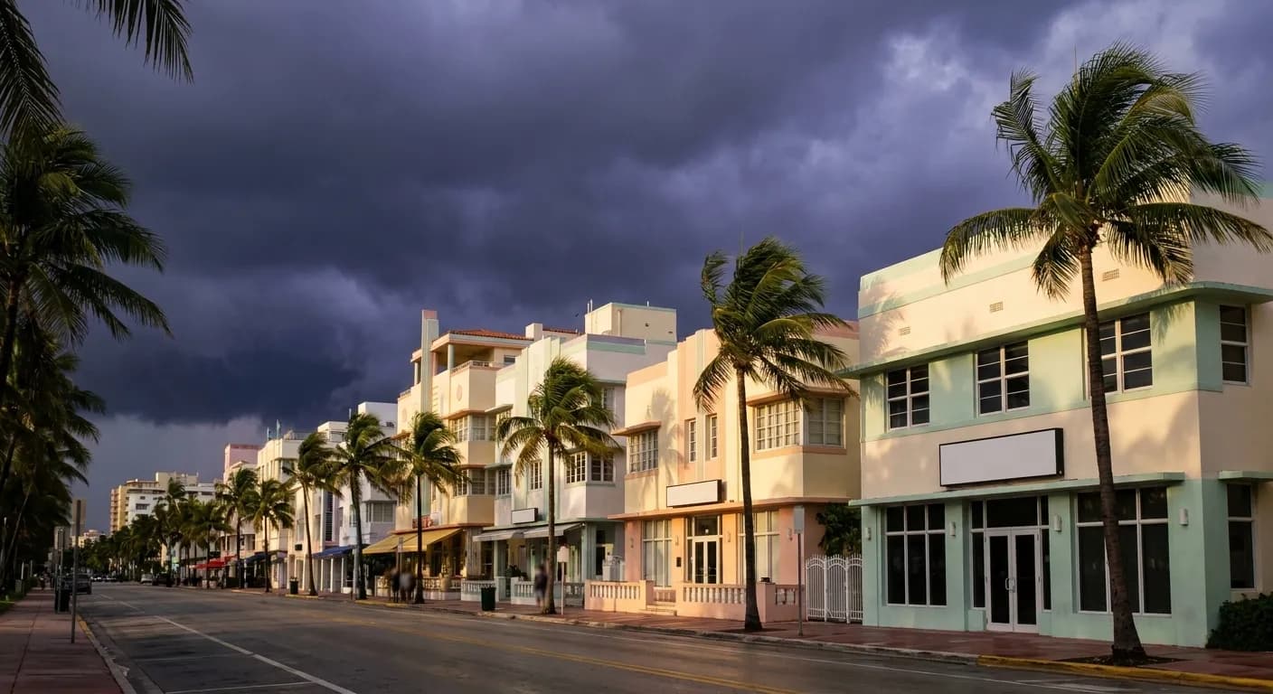 A Miami street as a summer storm arrives with black-purple cloud stacked over low pastel buildings and palms bending in the gust
