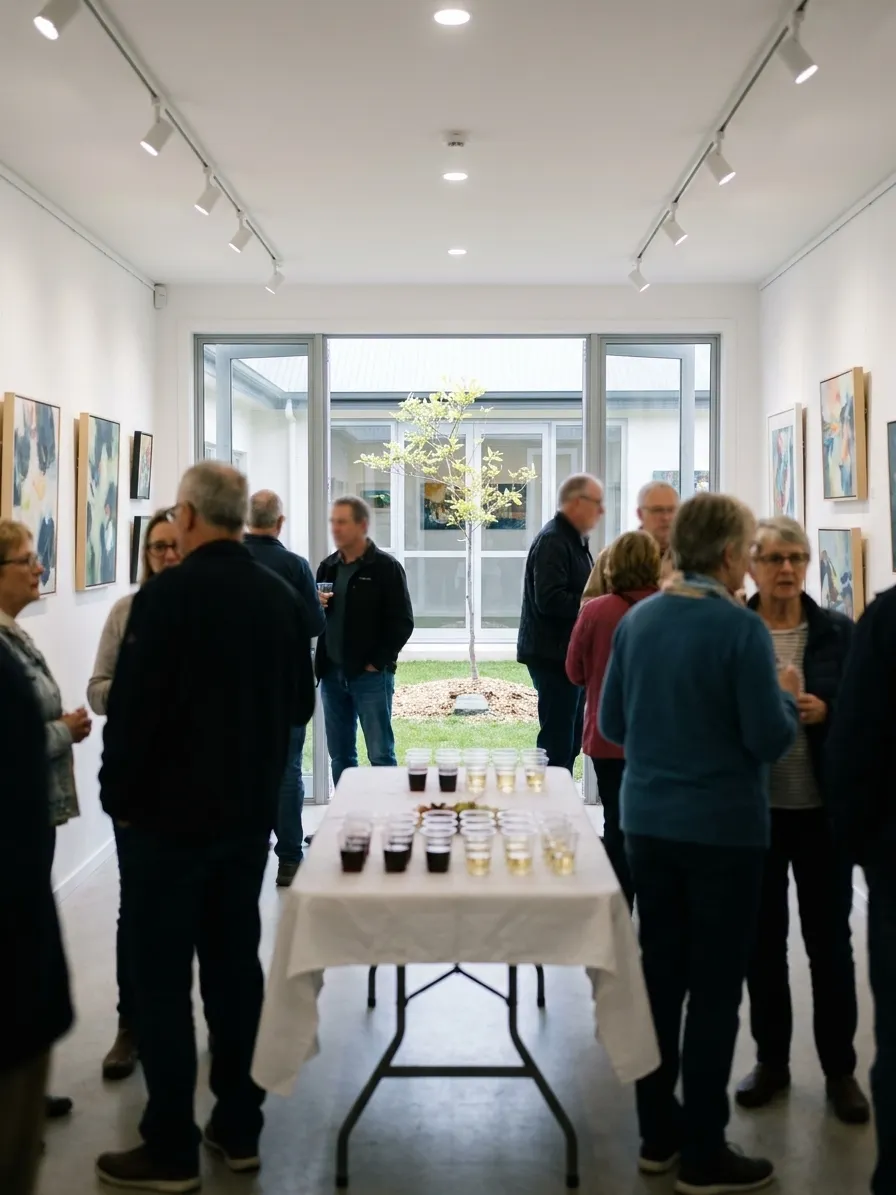 A small gallery on an opening night with white walls, framed abstract works and a folding table holding plastic cups of wine