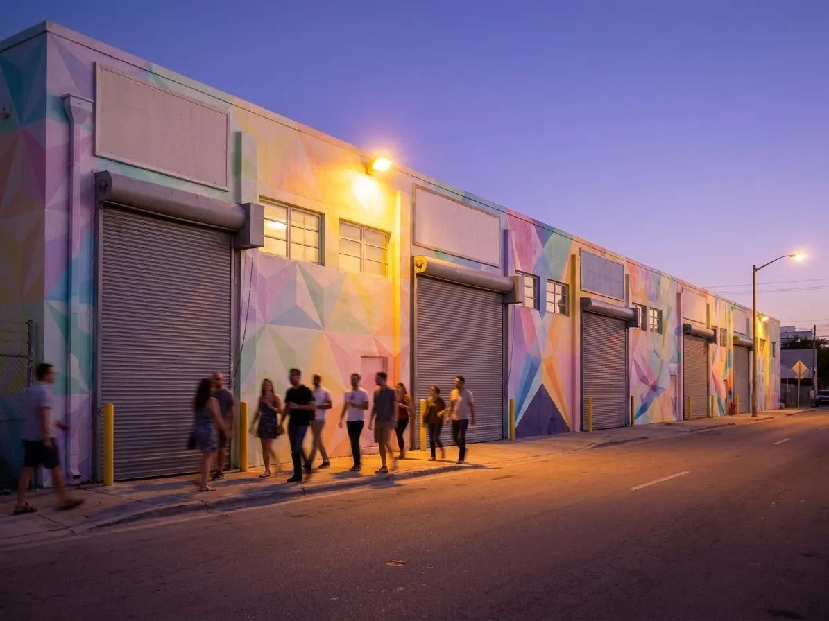 A Miami warehouse street at dusk with long walls covered in abstract painted colour and a group of people walking the block