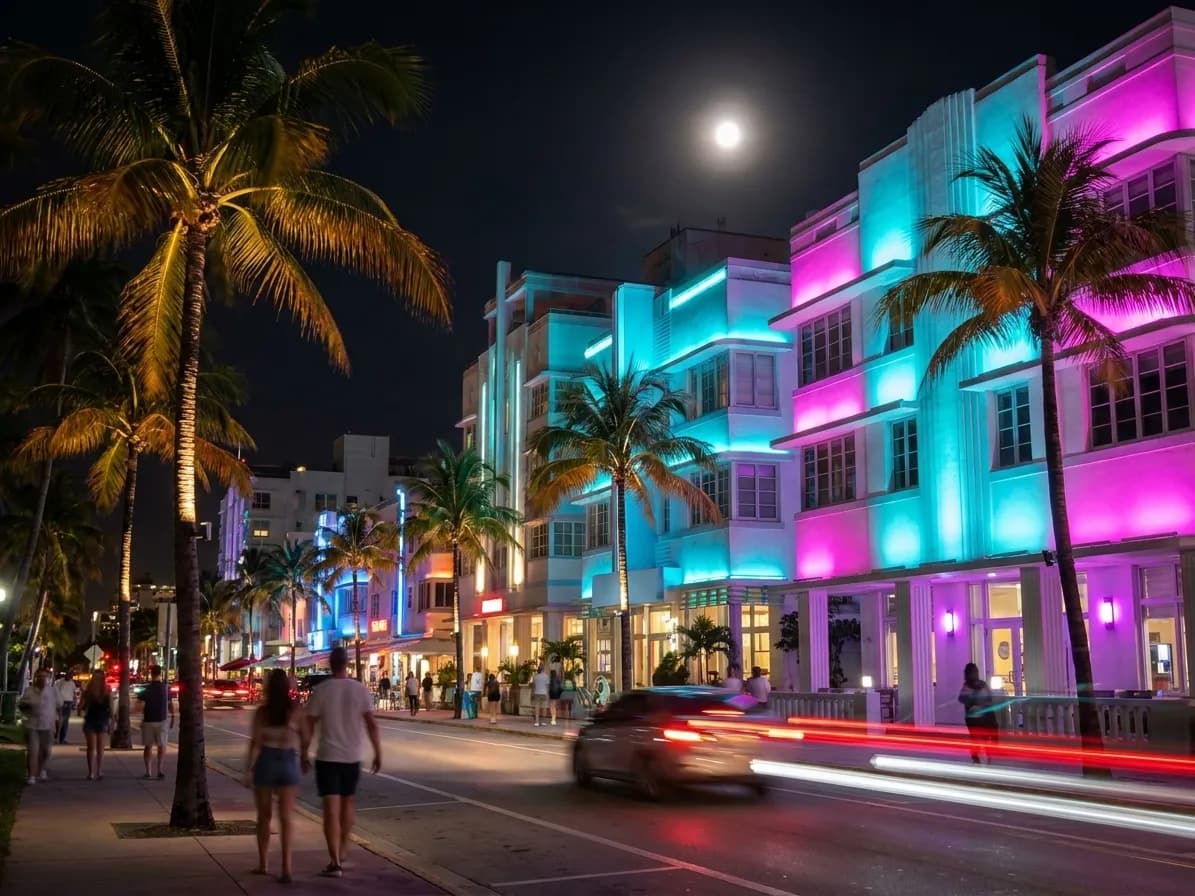 A Miami street at eleven at night with pastel art-deco frontages washed in cyan and magenta light and palms lit from below