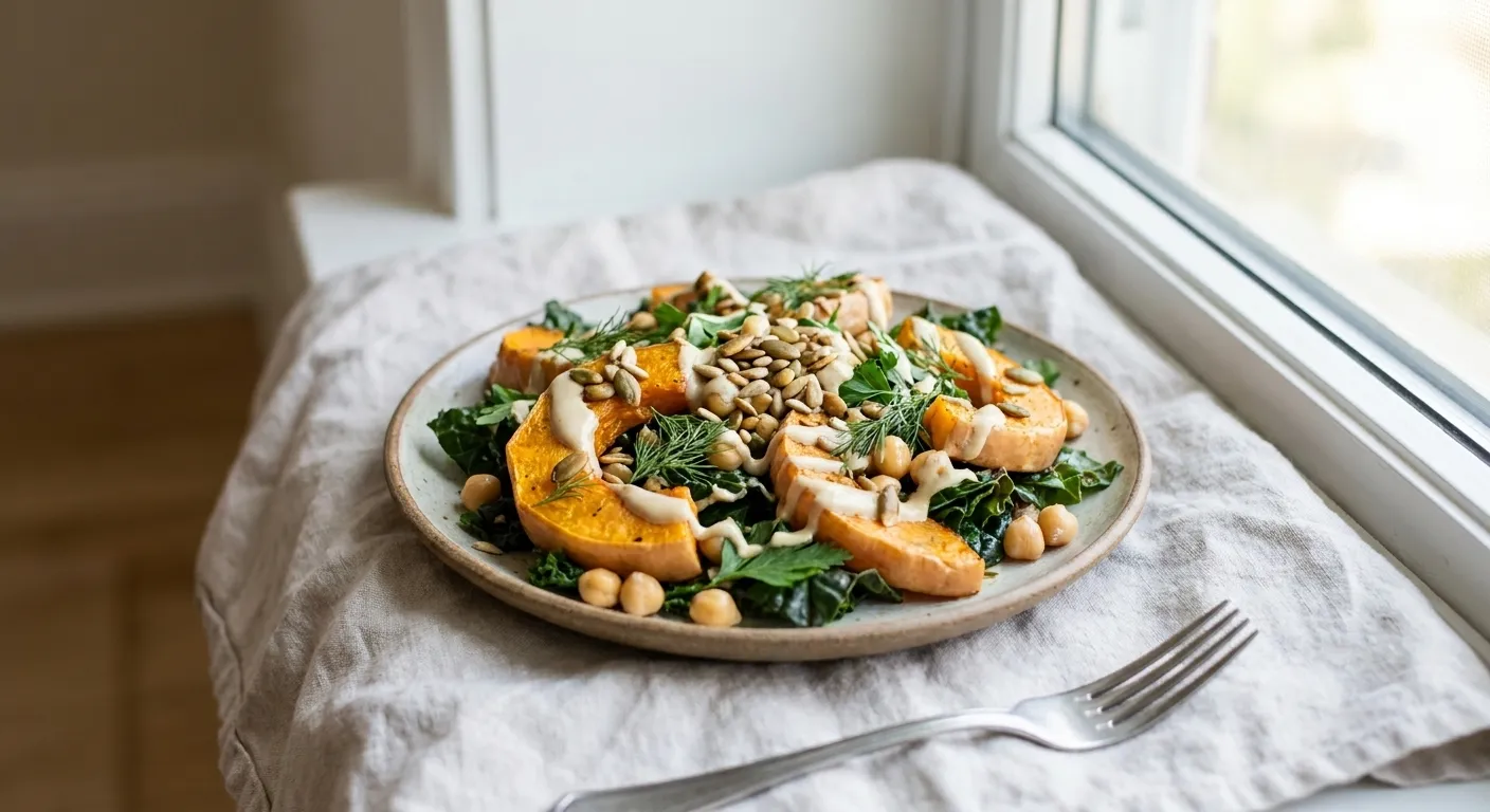 A composed plant-based salad on a wide ceramic plate with roasted squash, leaves, chickpeas, herbs and a tahini drizzle with toasted seeds