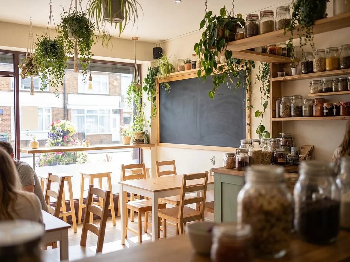 A small plant-based restaurant interior with pale wood tables, hanging plants, open shelving with jars and bright daylight through a large window