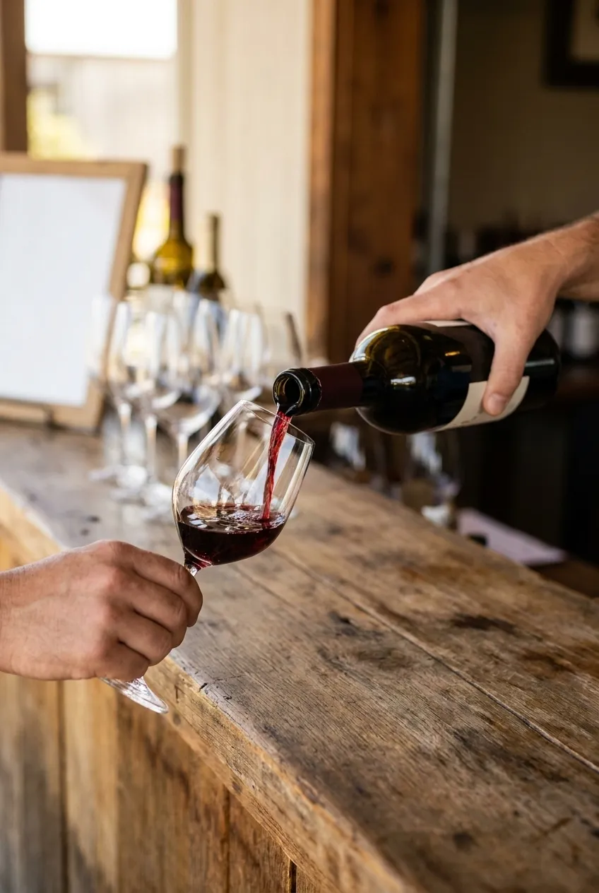 A hand pouring wine from a bottle into a glass held at an angle over a counter with other glasses waiting in a row