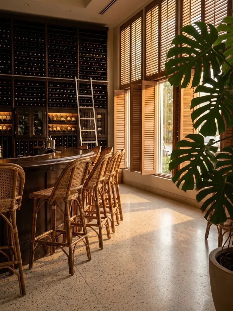 A Miami wine bar interior with pale terrazzo floor, rattan stools at a curved counter and a wall of bottles behind