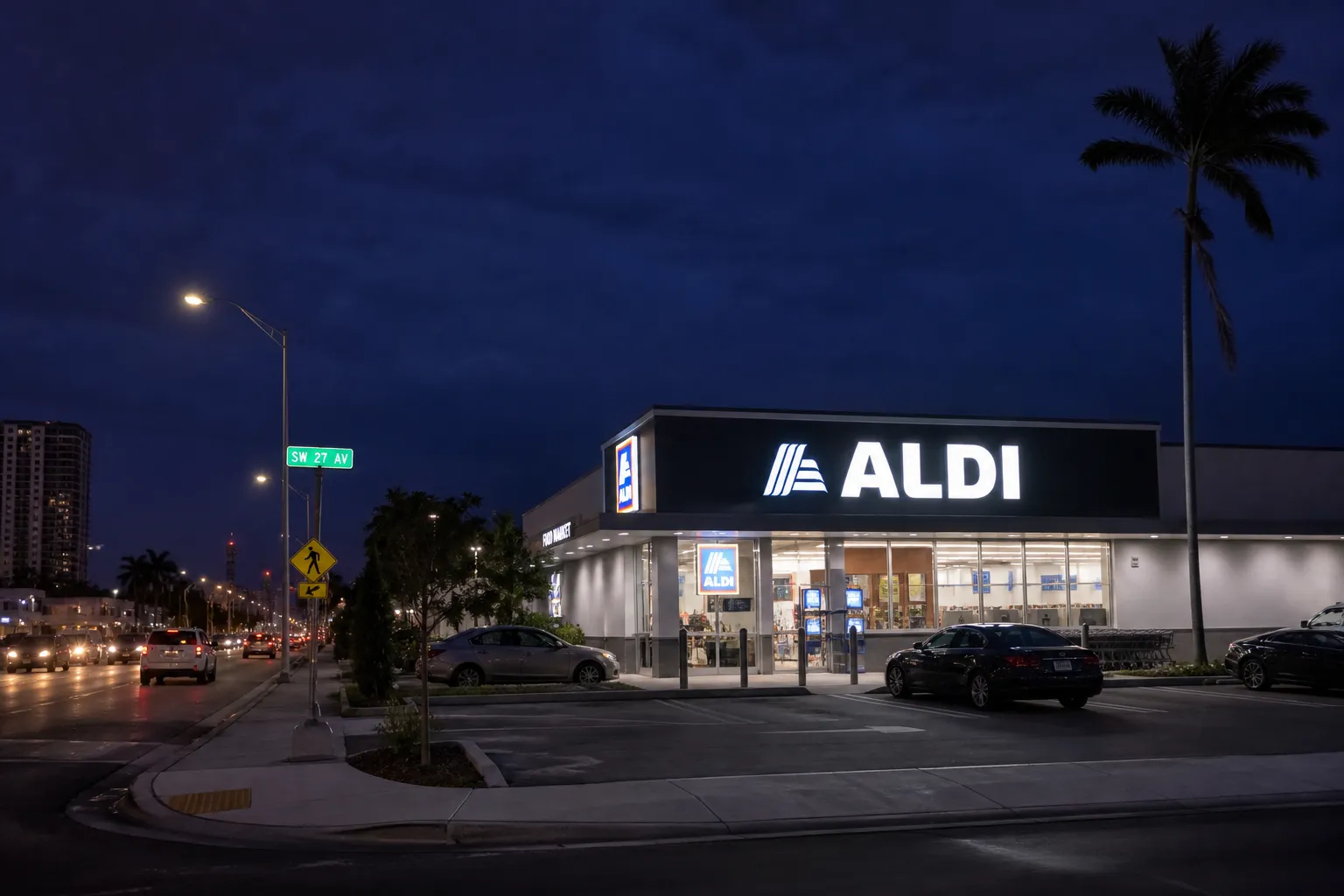 Night exterior of the modern Aldi storefront on SW 27th Avenue in Miami under a twilight sky