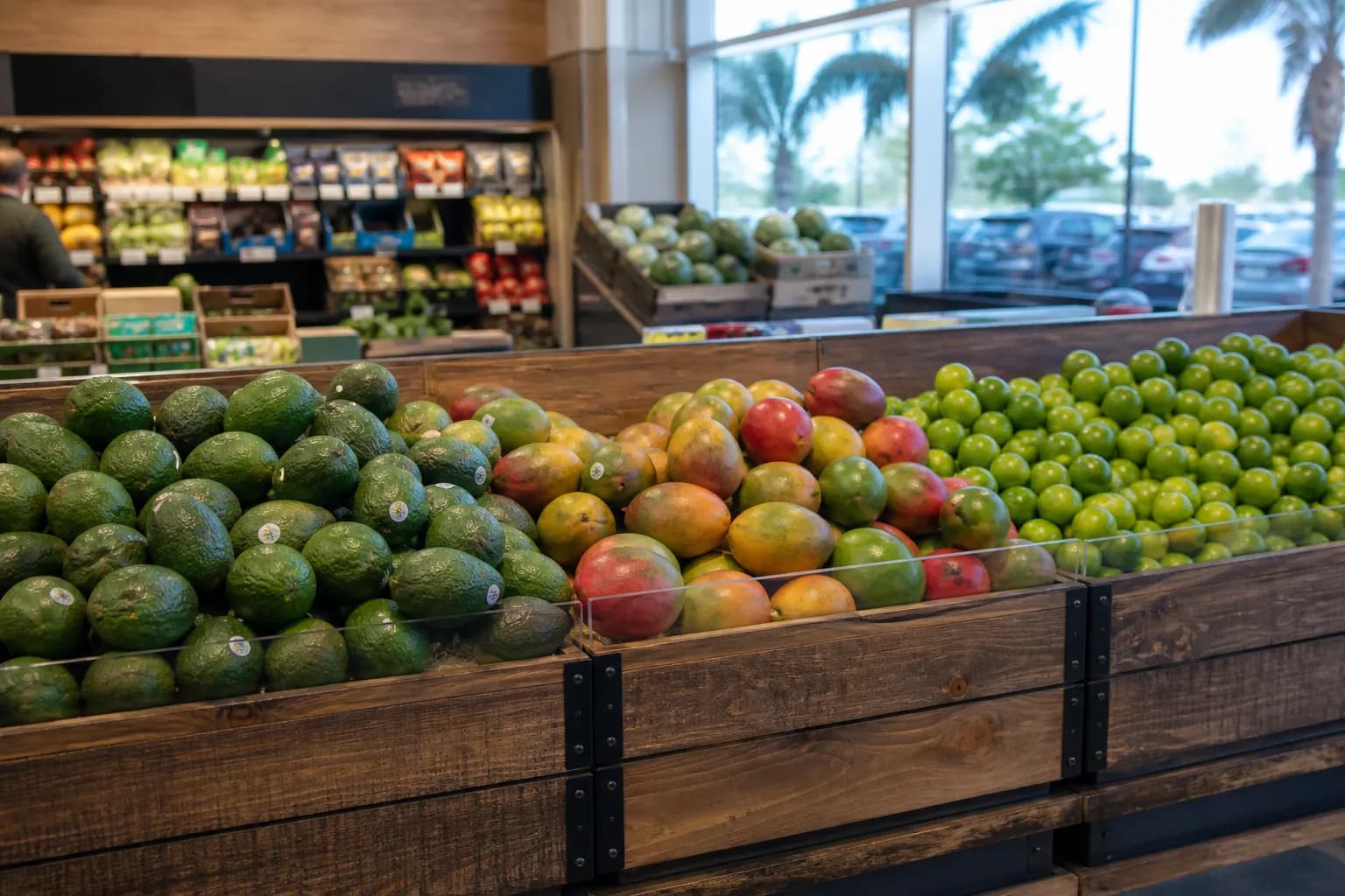 Organized produce section inside a Miami Aldi featuring fresh tropical fruits.