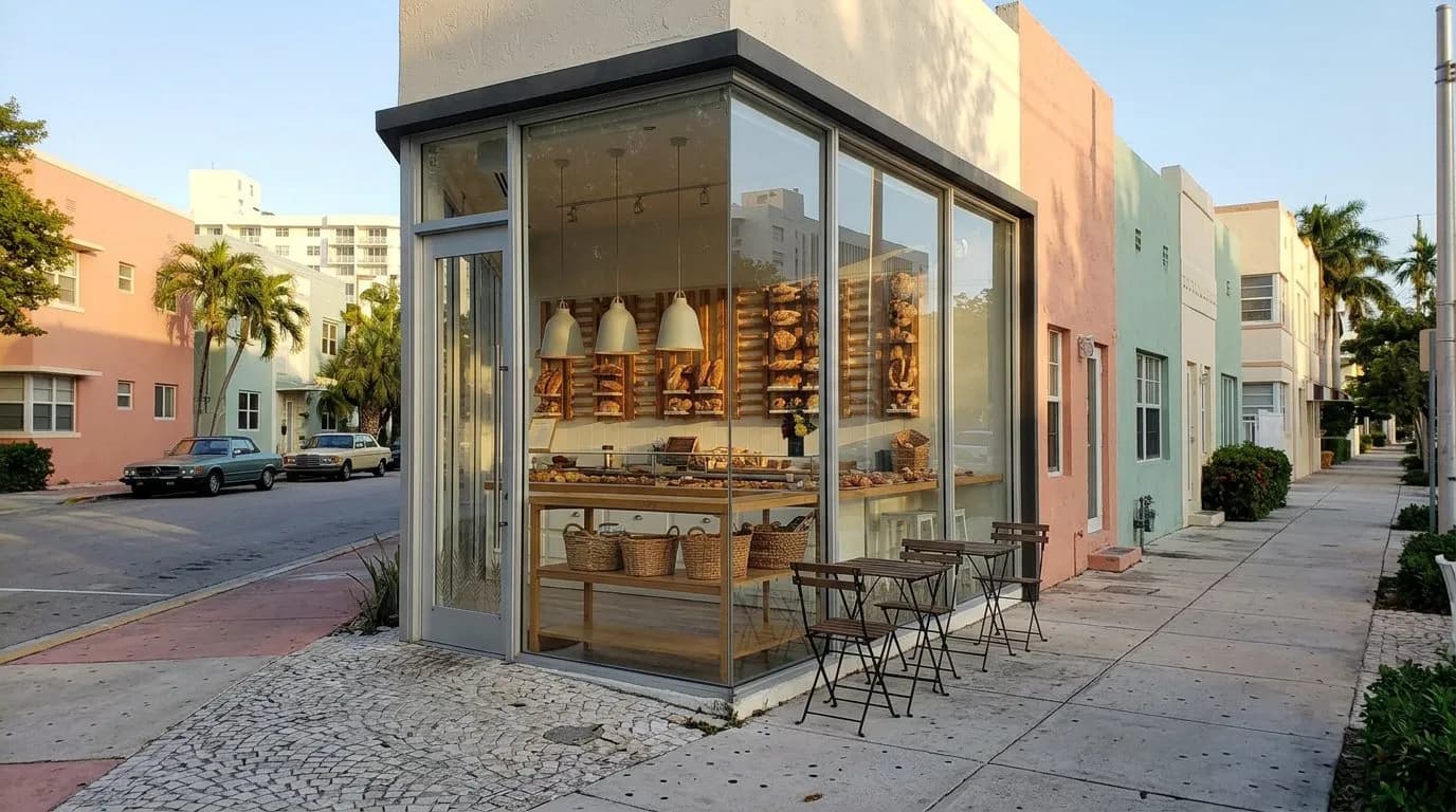 Quiet bakery storefront on a residential Miami Beach street in early morning light