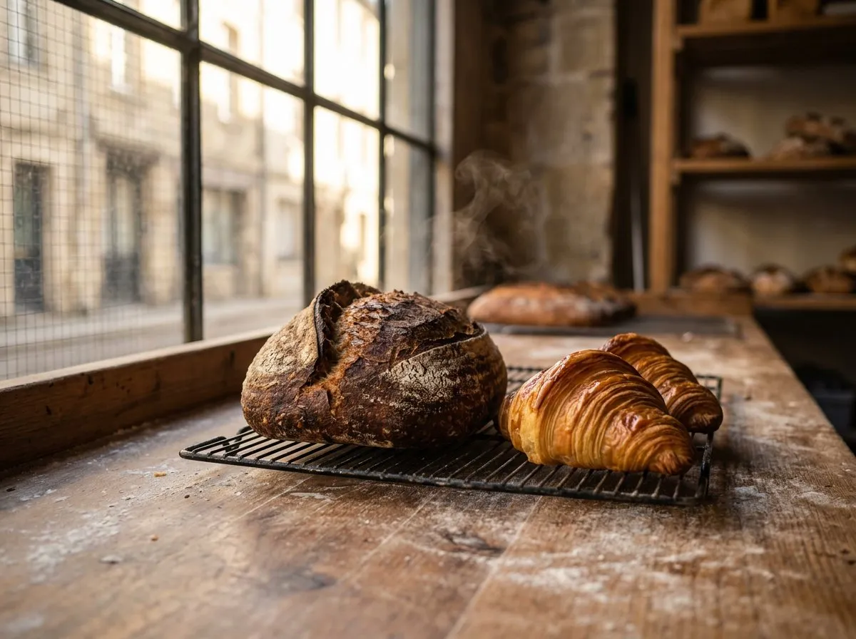 Close-up of fresh croissants and sourdough loaves cooling on a flour-dusted counter