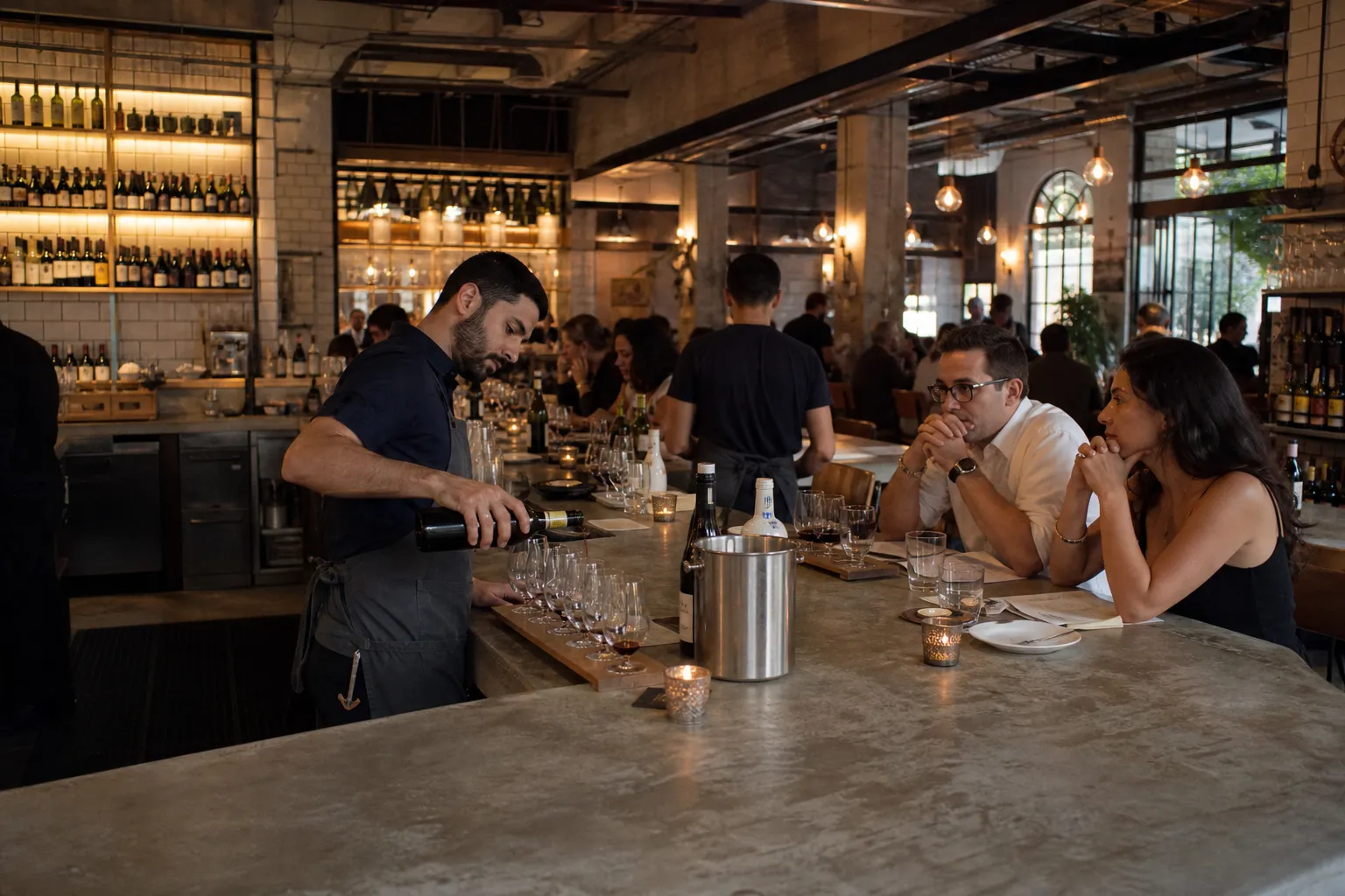 Bartenders serving drinks at a large concrete bar inside a lively, modern restaurant with industrial decor and wine shelves.