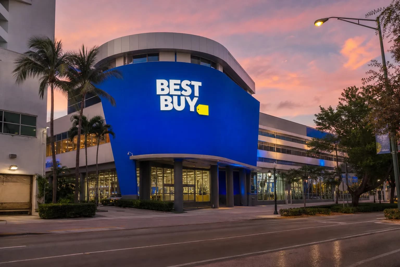 The modern storefront of Best Buy at Fifth & Alton in Miami Beach under a warm sunset sky