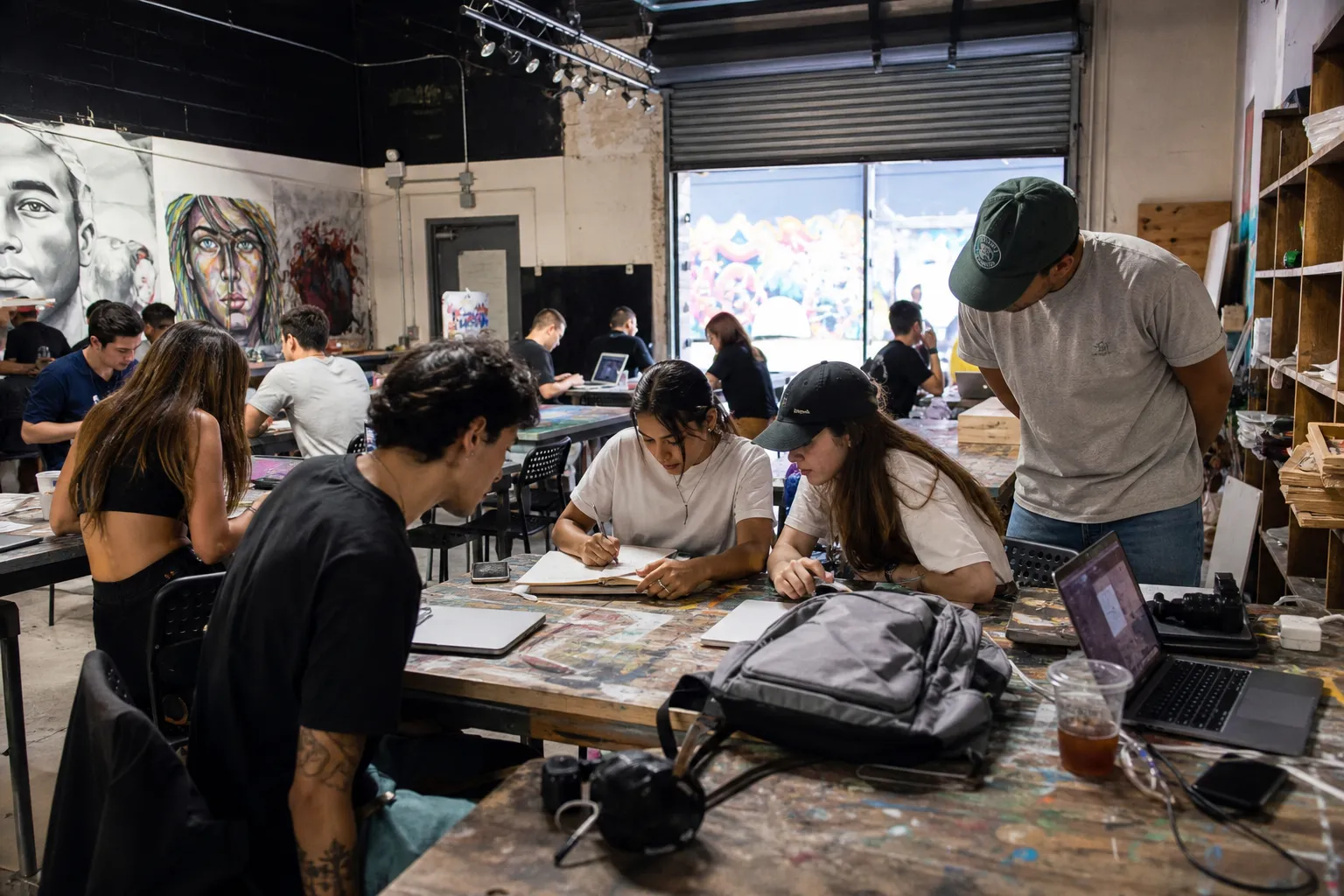 Young creative professionals working on laptops and design projects in a Wynwood studio space