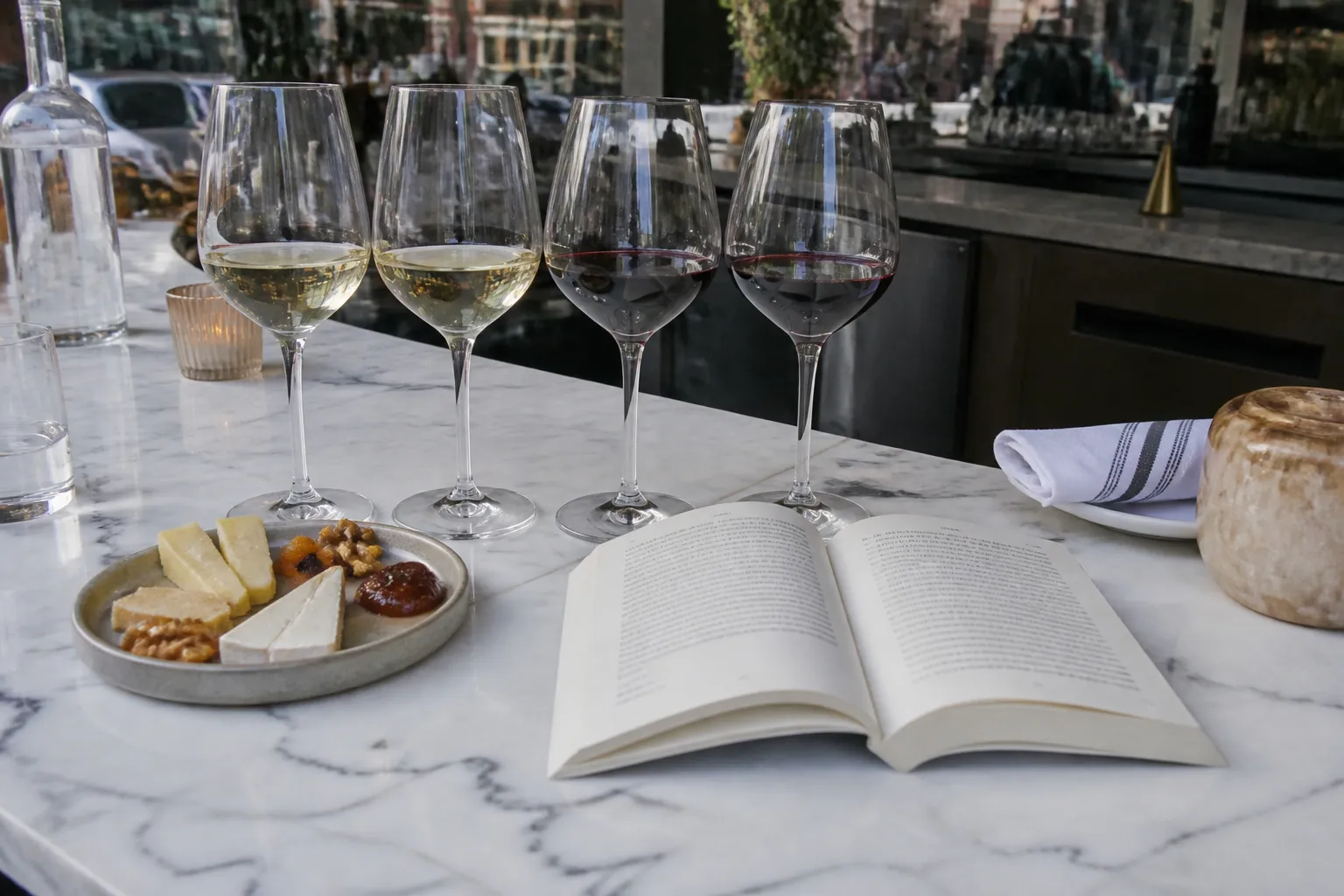 A wine flight and a novel displayed on a marble bar at Vinya Table in Miami.